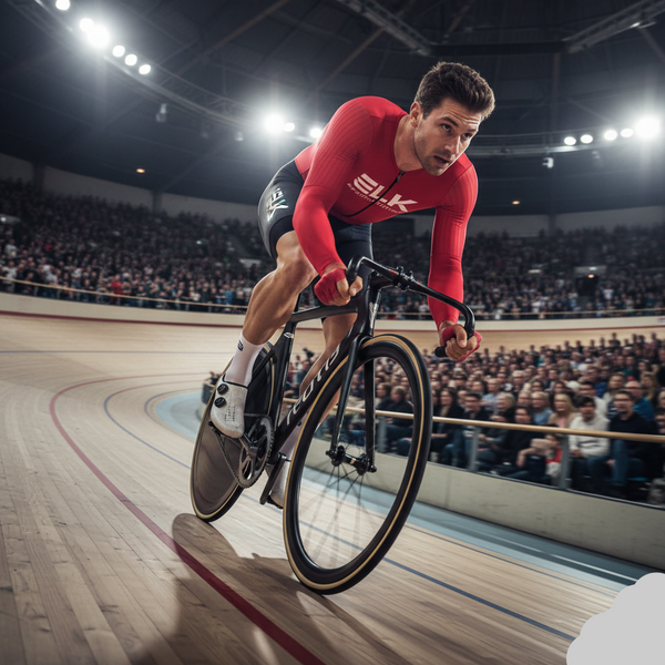 Cyclist in red jersey on a track cycling event with audience in the background
