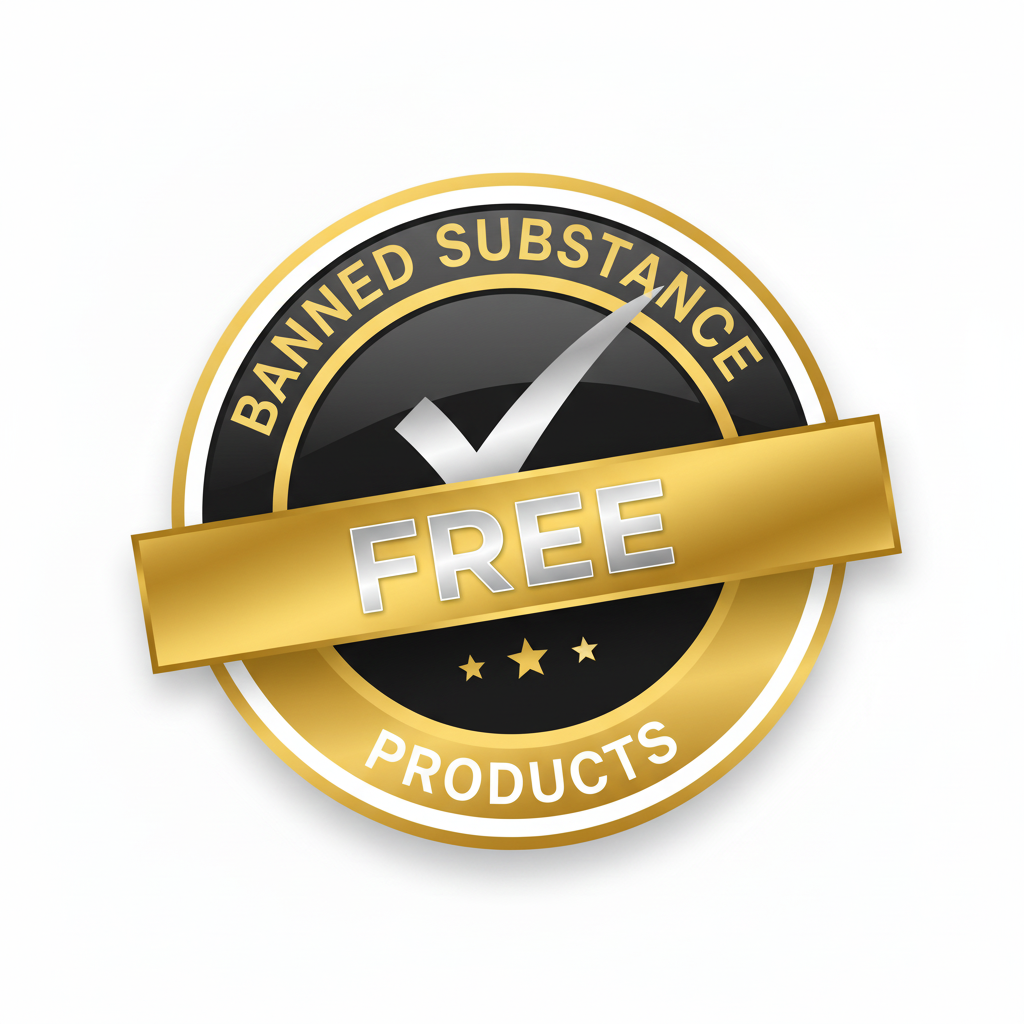 Badge with 'Banned Substance Free' text on a white background