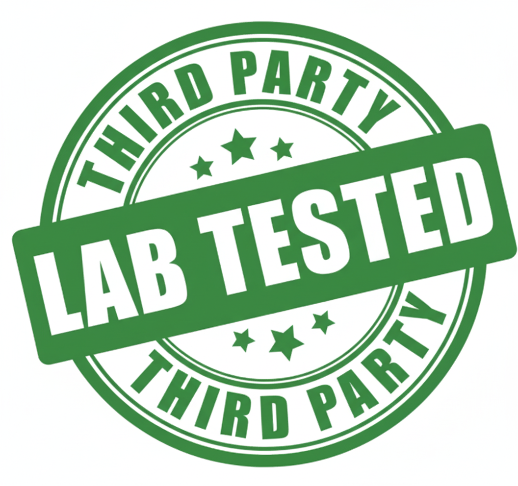 Green stamp with 'Third Party Lab Tested' text on a white background