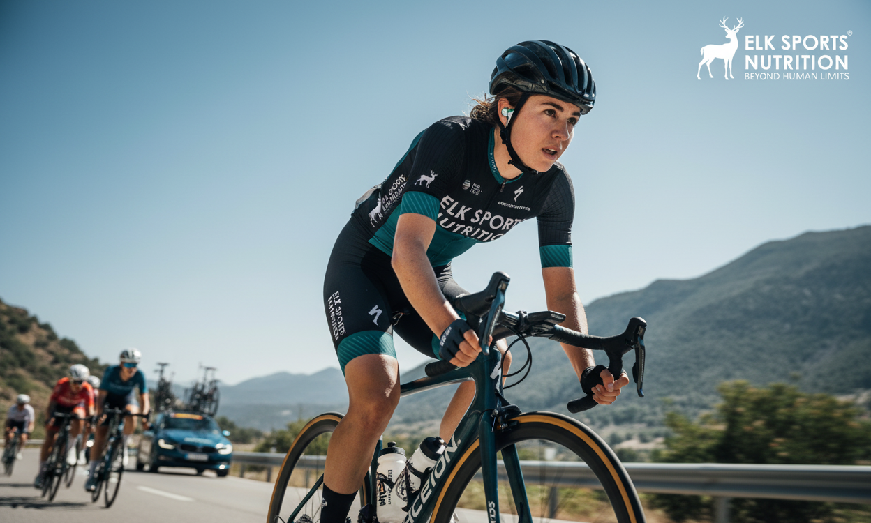 Cyclist on a road bike with mountains in the background, featuring Elk Sports Nutrition logo.