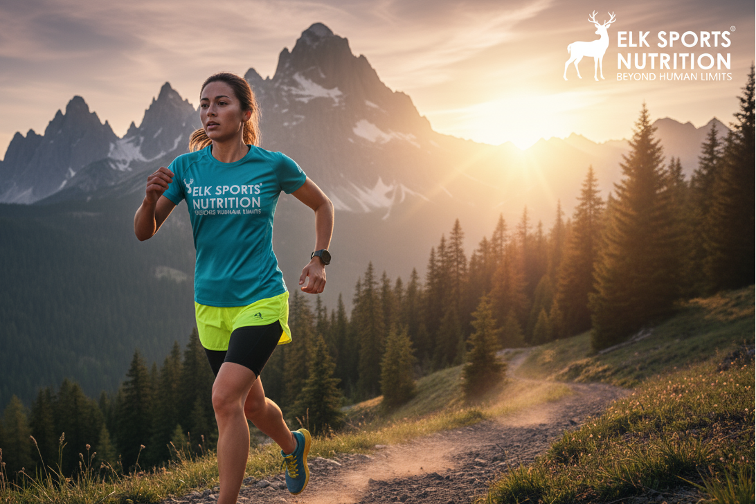 Person running on a mountain trail with Elk Sports Nutrition branding.