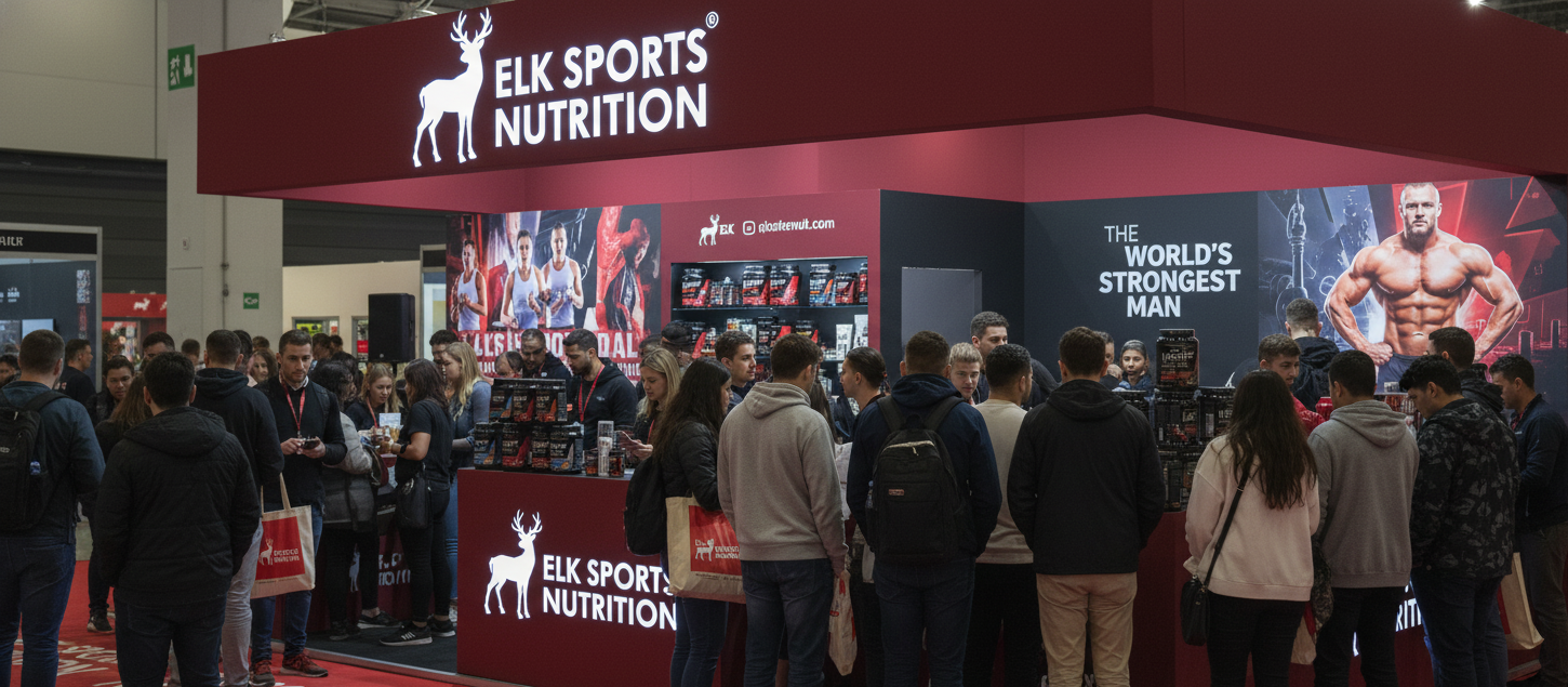 Elk Sports Nutrition booth at a trade show with people around