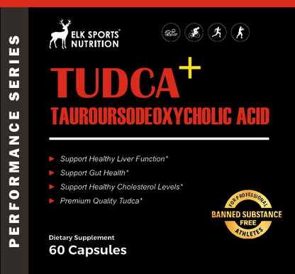 Elk Sports Nutrition TUDCA supplement packaging with black background and red text.
