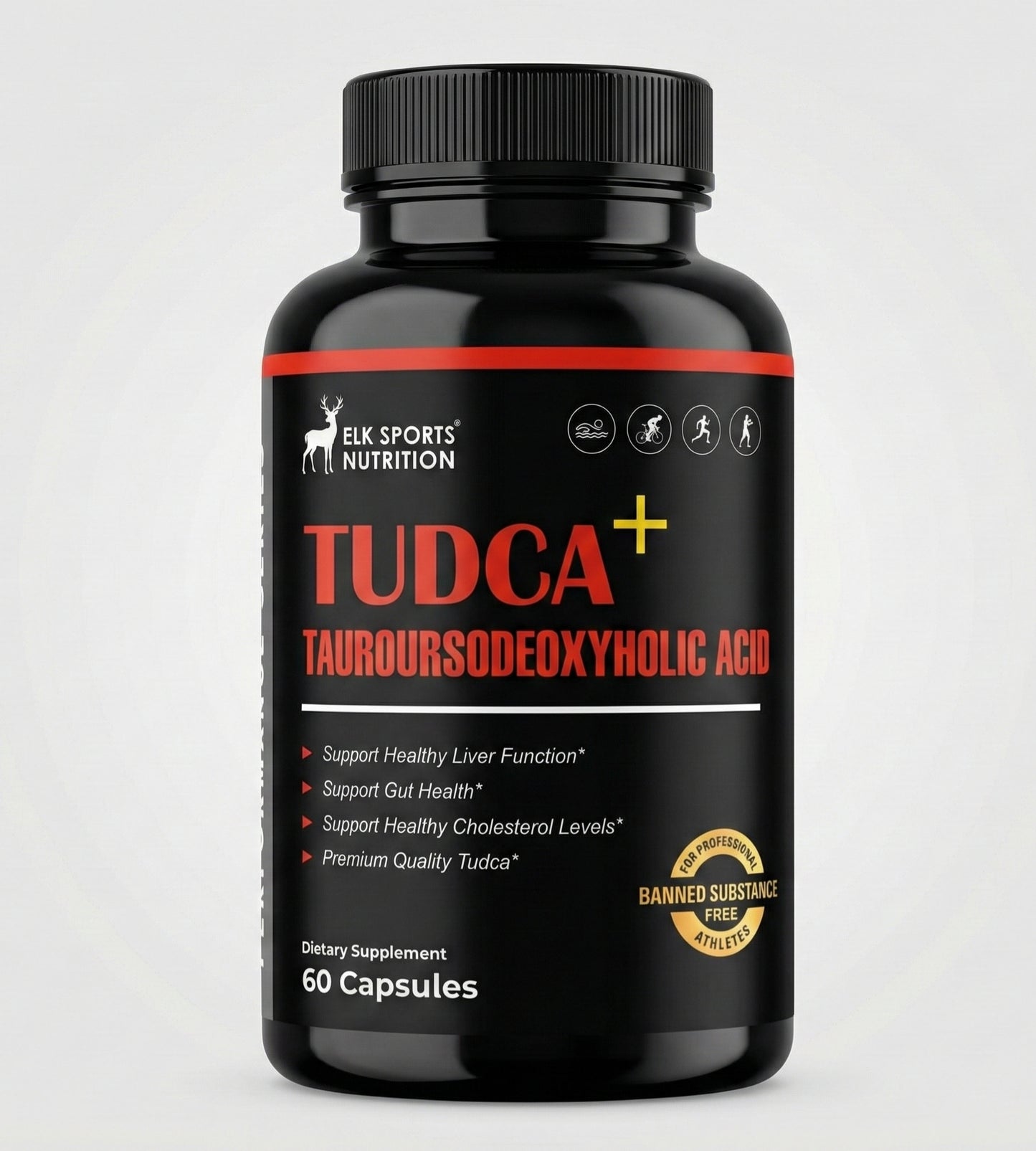Black supplement bottle with red and white label on a light gray background